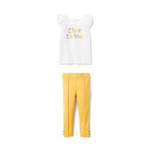 Janie and Jack White C’est La Vie Tee & Yellow Button Cuff Ponte Pant Leggings